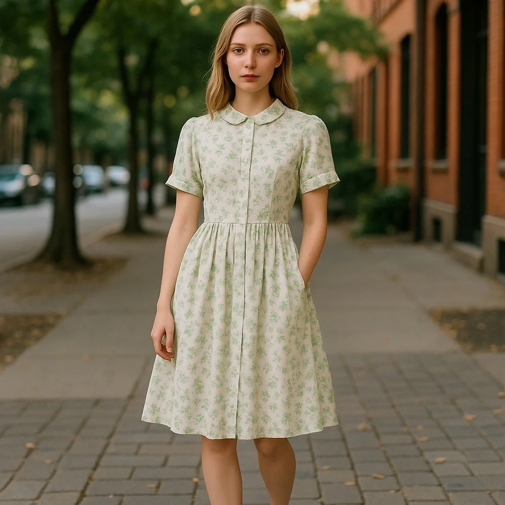 Vintage Country Corner Green Botanical Print Button-Up Dress - Picture 1 of 13